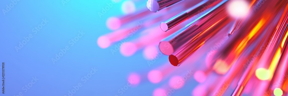 Poster Neon Glowing Fiber Optic Cables Abstract Art - Commercial Tech Design for Data Visualization and Network Efficiency, Modern Business Infrastructure Display