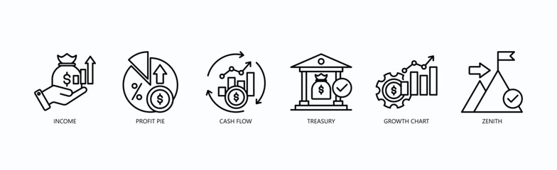 Financial Mastery Icon Set Isolated Vector With Icon Of Income, Profit Pie, Cash Flow, Treasury, Growth Chart, Zenith In Outline Style