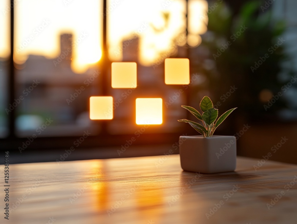 Poster minimalist workspace harmony wooden desk with potted plant and floating digital icons - innovating o