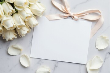 Elegant White Roses and Blank Notecard Wedding Invitation Mockup