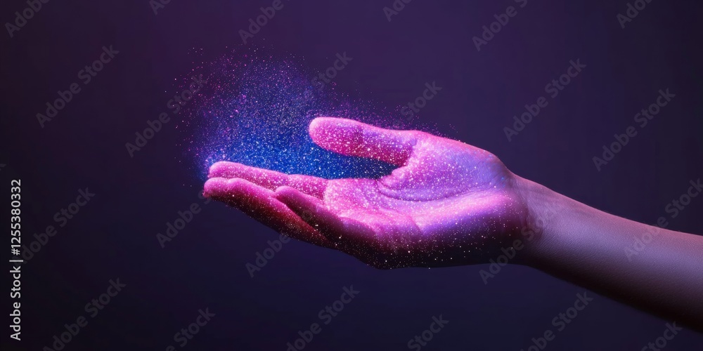 Leinwandbilder Holographic Digital Gesture Interaction Hand with Ethereal Particle Glow on Dark Canvas Cutting-Edge Tech Visualization for Human-Computer Interface and Future Workspaces