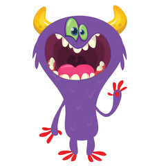 Cartoon cute monster with funny excited face expression waving hands. Vector illustration isolated on white. Halloween design