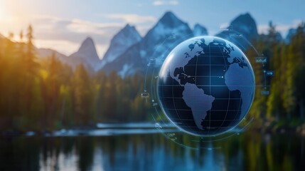 Naklejka premium digital globe overlaying serene landscape with mountains and trees, symbolizing global connectivity and environmental awareness