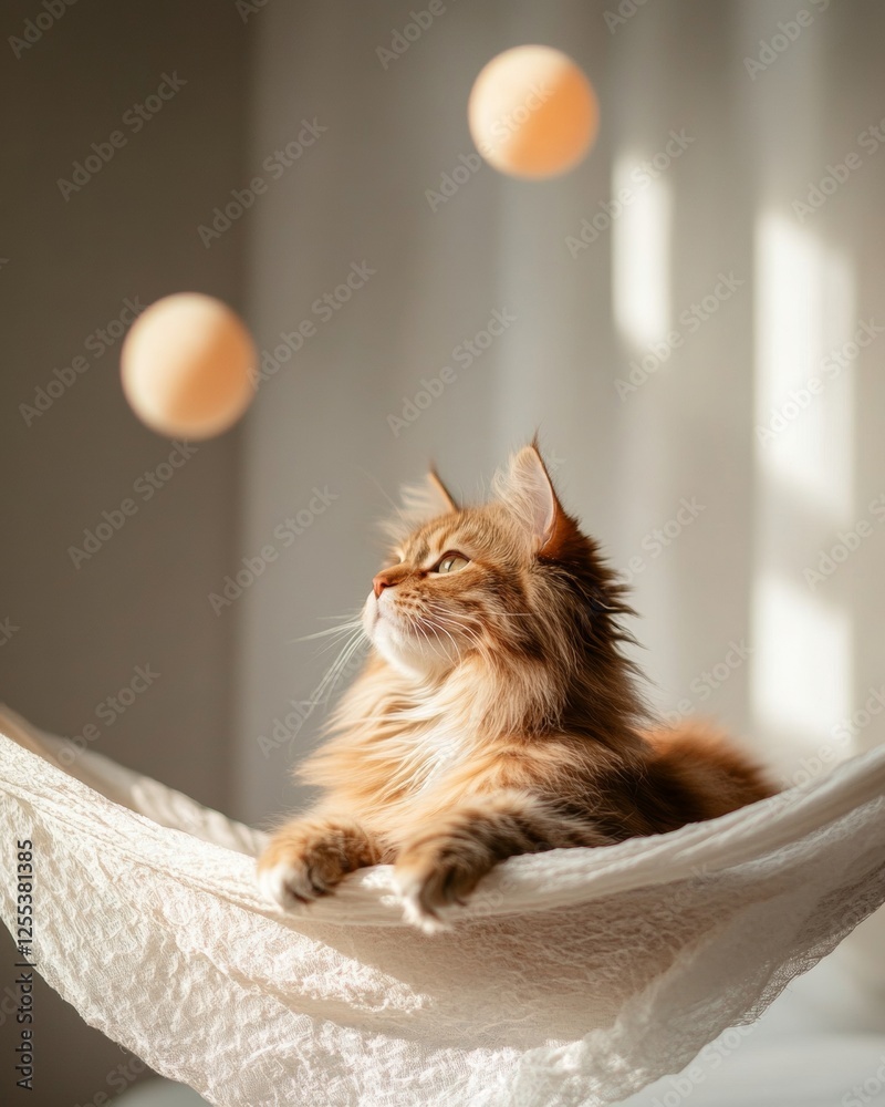 Poster ethereal pet portraits long-haired kitten in lace hammock with glowing orbs - luxury imagery for mod