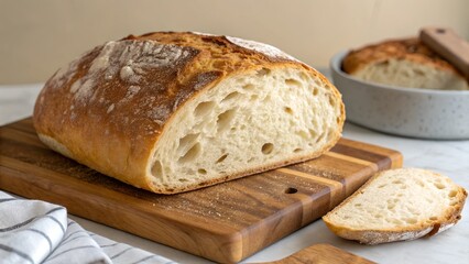 Artisanal Sourdough Loaf: A perfectly baked sourdough loaf with a rustic, airy crumb, sliced and presented on a wooden cutting board, evokes a sense of warmth and homemade goodness.  