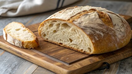 Artisan Bread Slice:  A rustic loaf of freshly baked sourdough bread, showcasing a golden brown crust and a beautifully airy crumb, is sliced and presented on a wooden cutting board.