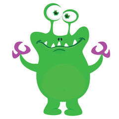 Cartoon cute monster with funny excited face expression waving hands. Vector illustration isolated on white. Halloween design