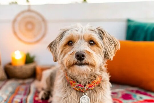 Bohemian Pet Shaggy Dog on Vibrant Moroccan Rug - Cozy Home Decor and Lifestyle Marketing for Pet-Friendly Spaces