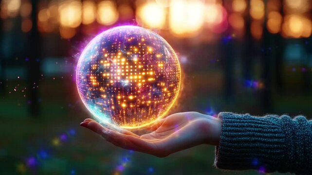 A woman's hand gently cradles a luminous, glowing orb representing global connection and technology.  The vibrant sphere pulses with light against a soft sunset background. Seamless looping time-lapse