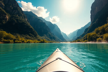 First-Person Kayaking on a River in a Mountain Gorge, Green Nature, and Sunny Day for Tourism Themes