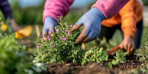 Fototapeta premium Urban Eco-Farming Engagement Community Garden with Volunteers Tending Raised Beds and Eco-Friendly Tools - Local Food Security and Sustainability Initiative for Environmental Impact