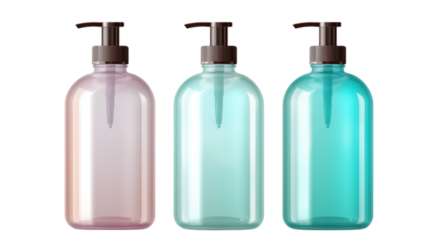 Three pastel colored pump bottles with liquid soap or lotion product display clean design hygiene beauty cosmetic packaging branding marketing advertising commercial photography