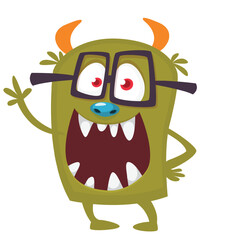 Cartoon cute monster with funny excited face expression waving hands. Vector illustration isolated on white. Halloween design