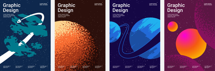 Futuristic space graphic design layout with abstract cosmic elements, vibrant gradients, and geometric compositions. © FerouFYN