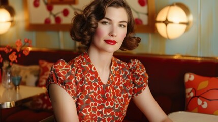 Retro-inspired woman in red patterned dress at vintage cafe with bold makeup and curled hair