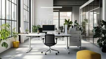 Bright and modern office space with city view and plants for productivity