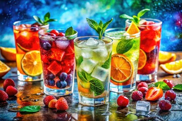 Crisp watercolor glasses showcase vibrant, refreshing beverages; high-resolution images.