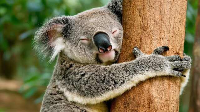 A sleepy koala hugging a tree trunk, looking peaceful and content in its eucalyptus home