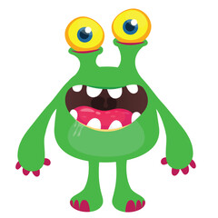 Obraz premium Cartoon cute monster with funny excited face expression waving hands. Vector illustration isolated on white. Halloween design
