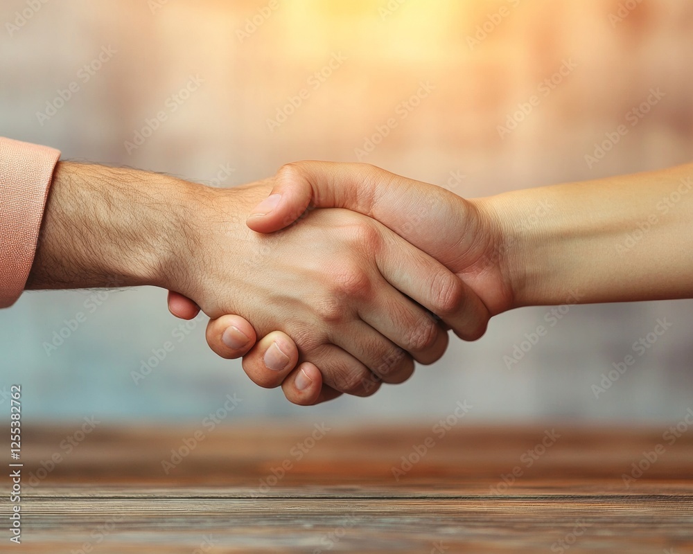 Aufkleber contemporary office handshake dynamics close-up of cooperative agreement on polished wood surface - 