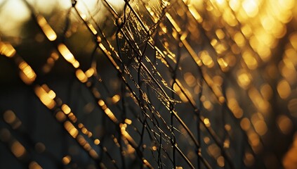 Obraz premium Golden Hour Captures: Wire Fence, Sunlight, and Delicate Webs in Stunning Detail, Nature's Abstract Art