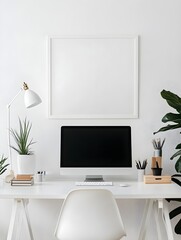 A sleek and modern designer studio with minimalist decor and a blank white frame above a clean desk