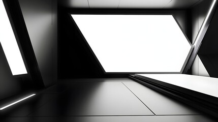 A sleek black-and-white interior with sharp geometric elements and a blank white frame.