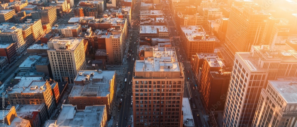 Poster Sunlit Urban Drone View Geometric Skyline with Modern Architecture and Textural Patterns - City Development Visualization for Urban Planning and Real Estate Innovation