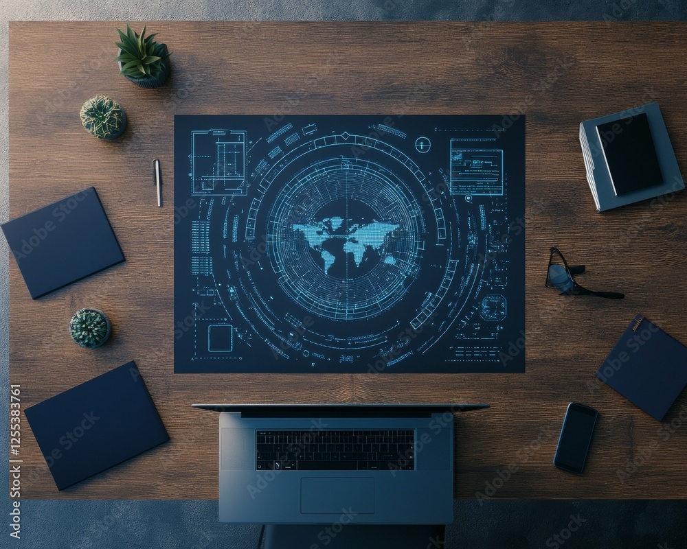 Leinwandbilder Futuristic Safety Blueprint Digital Interface on Matte Wood Desk for Corporate Emergency Protocols - Enhancing Professional Security with Innovative Design and Technology