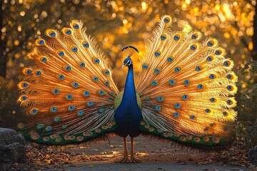 Obraz premium Majestic Peacock Displays Its Golden Tail Feathers