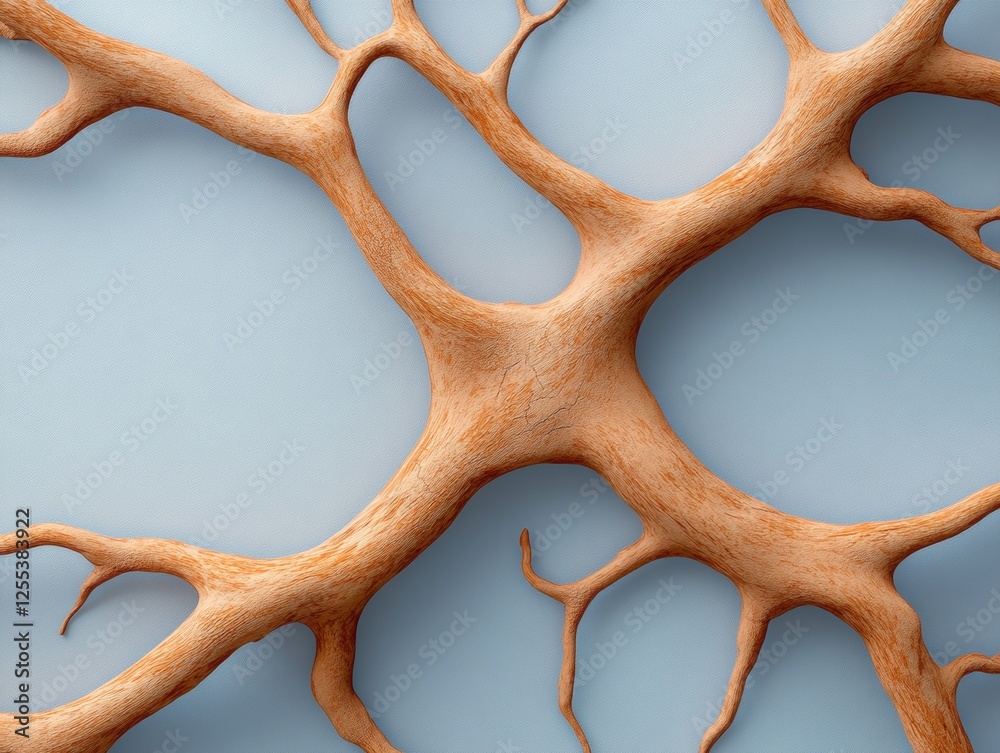 Poster Intricate Biophilic Network Organic Wood Texture on Soft Blue Canvas - Dynamic Visualization for Eco-Conscious Marketing and Tech-Driven Educational Tools