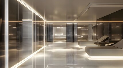 A sleek, futuristic hotel interior with glass walls, recessed lighting, and a glowing white frame.