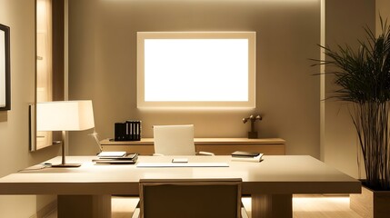 A sleek, contemporary home office with neutral tones, warm lighting, and a centered white frame.