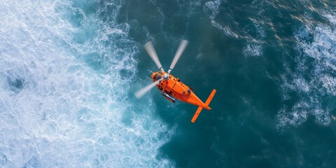 Dynamic Aerial Rescue Vibrant Orange Helicopter Over Turbulent Ocean - High-Tech Emergency Gear Showcase for Modern Safety and Professional Rescue Promotion