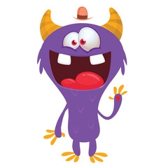 Cartoon cute monster with funny excited face expression waving hands. Vector illustration isolated on white. Halloween design