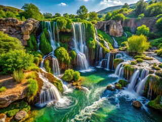 Obraz premium Discover Kulosya Waterfall's hidden beauty: stunning aerial drone footage reveals Tashkent's cascading gem.
