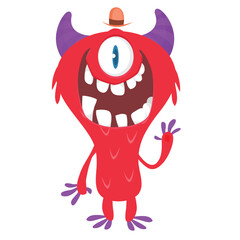 Cartoon cute monster with funny excited face expression waving hands. Vector illustration isolated on white. Halloween design