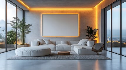 A sleek, minimal corner of a living room with soft lighting and an oversized white frame.