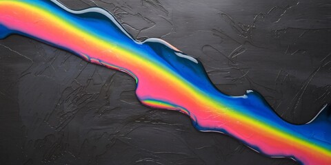 Vibrant Rainbow Slime on Dark Background. A striking flow of colorful rainbow slime spreads across a dark surface, showcasing a playful and creative blend of vivid hues.