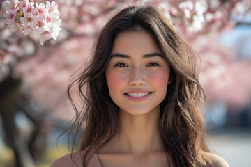 Fototapeta premium A beautiful woman about 25 years old of Asian appearance close-up smiles on the street in the spring. Advertising banner for International Women's Day.