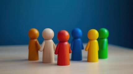 Diverse wooden figures holding hands symbolize unity and inclusion