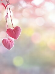 Two pink fabric heart decorations hanging on branches with blurred pastel bokeh background. Soft romantic light. Valentine's Day and love celebration concept. 