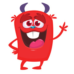 Cartoon cute monster with funny excited face expression waving hands. Vector illustration isolated on white. Halloween design