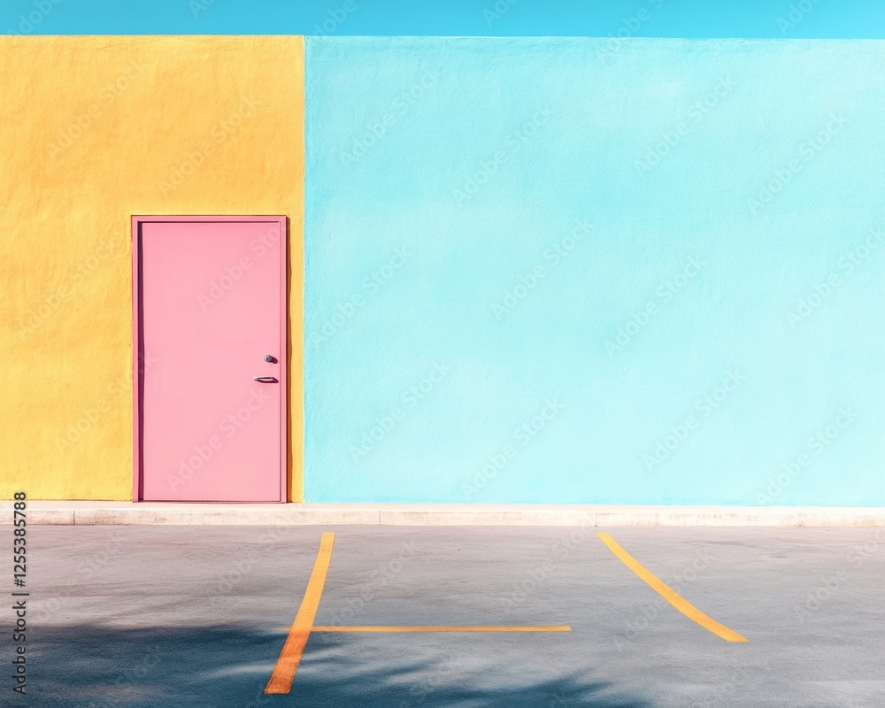 Poster vibrant minimalist urban architecture bold color block walls with parking space lines - contemporary