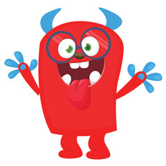 Cartoon cute monster with funny excited face expression waving hands. Vector illustration isolated on white. Halloween design