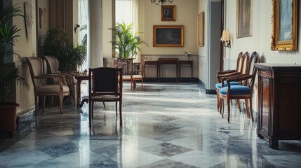 Obraz premium Elegant Hotel Lobby with Classic Furniture and Polished Marble Floor