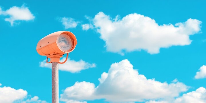 Retro-Futuristic Meteorological Monitoring Orange Weather Station Device under Clear Skies - Climate Data Collection for Sustainable Agriculture and Environmental Research