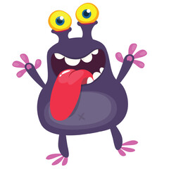 Cartoon cute monster with funny excited face expression waving hands. Vector illustration isolated on white. Halloween design