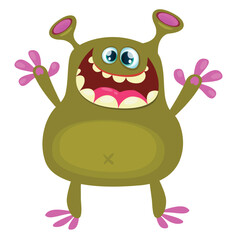Cartoon cute monster with funny excited face expression waving hands. Vector illustration isolated on white. Halloween design