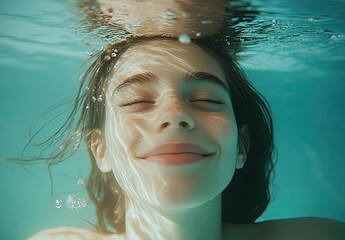 a happy, smiling child swimming underwater in a pool, close-up, with a blurry background
